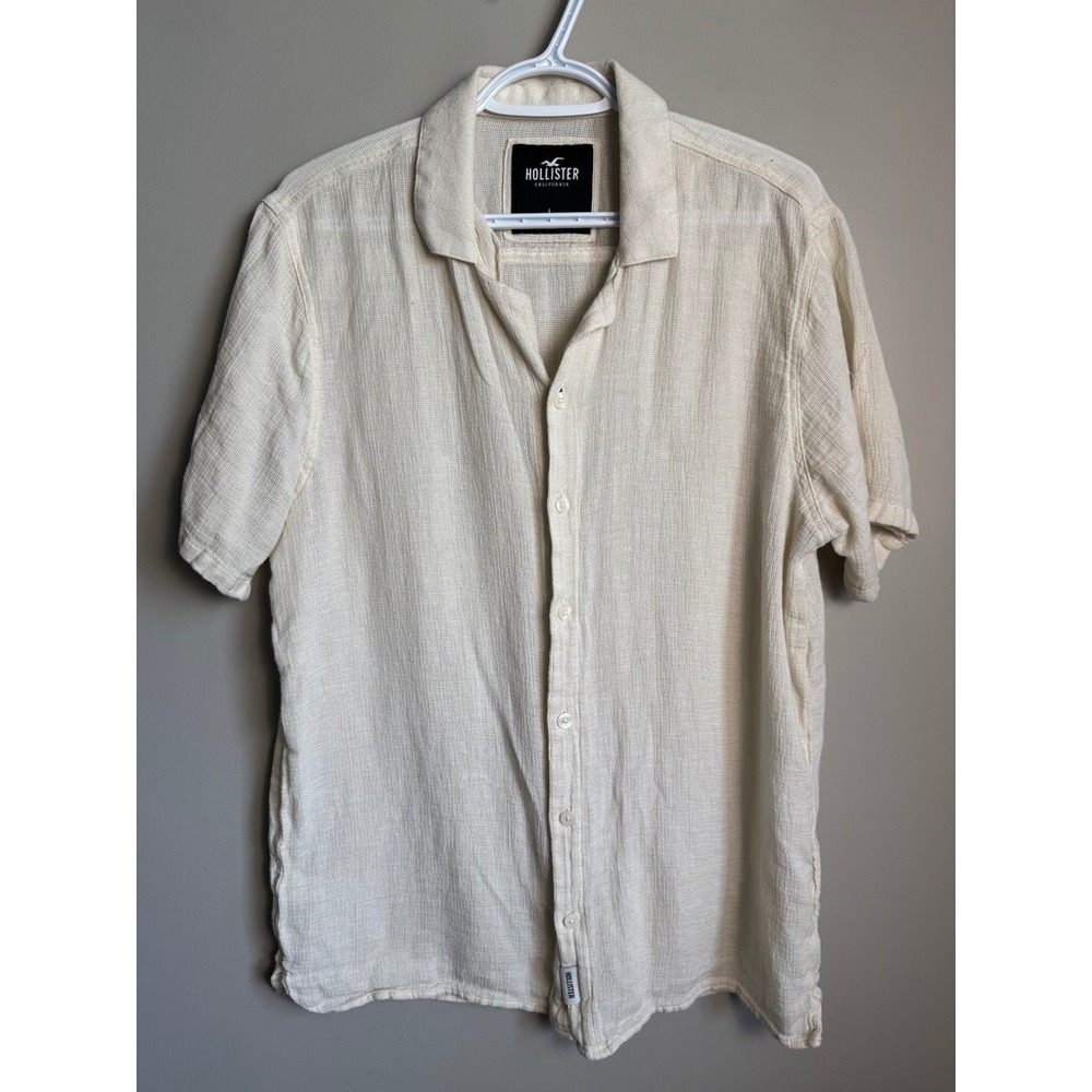 Hollister Short Sleeve Button Up Linen Blend Shirt L Cream Coastal Preppy Beach